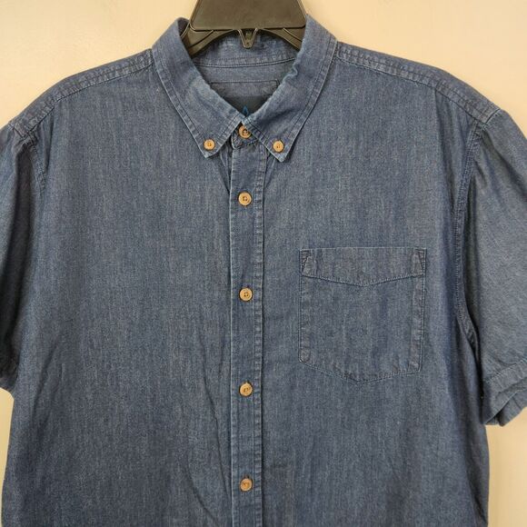 Prana Mens Indigo Broderick Solid Short Sleeve Button Down Large - Picture 4 of 8